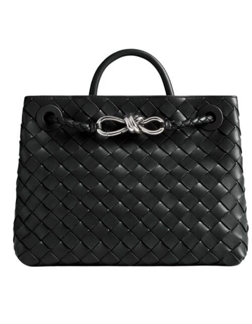 Top-Griff-Tasche aus geschmeidigem Intrecciato-Leder in Schwarz 25 cm