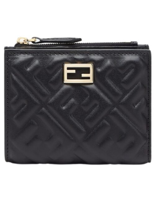 Brieftasche aus schwarzem Nappaleder mit FF-Muster 9.5 cm