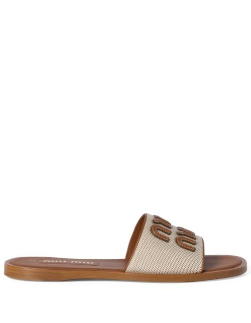 Leinen und Leder Slides Beige/Braun