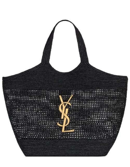 Maxi-Tote aus verziertem Raffia in Schwarz 38 cm
